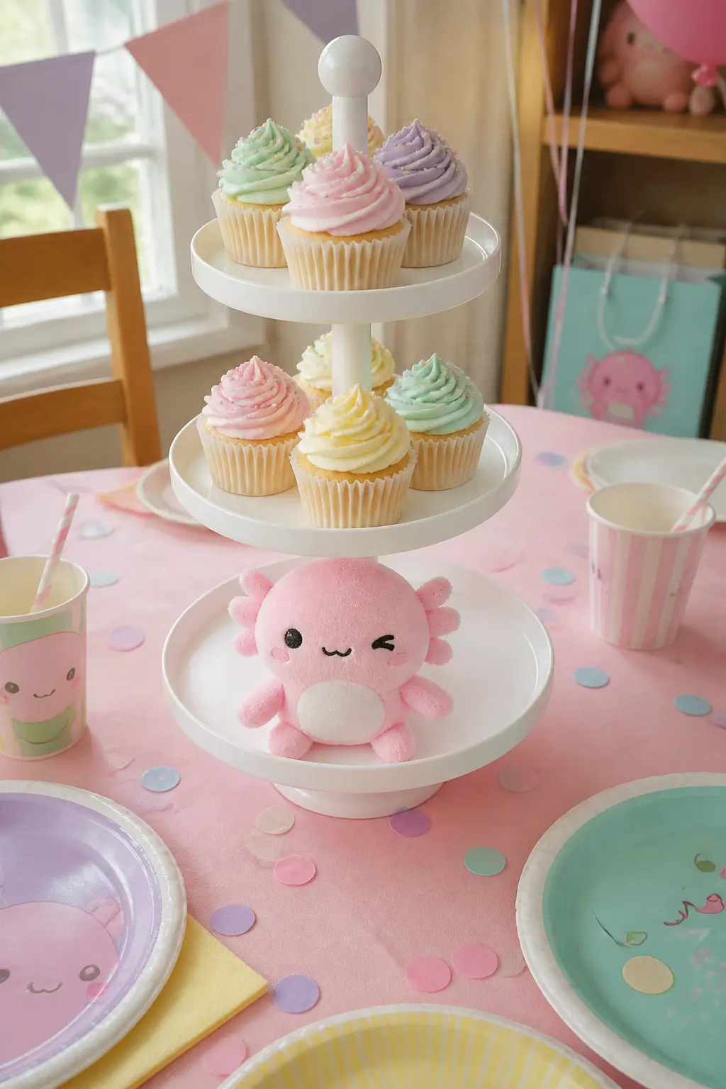 Tiered Centrepiece With Mini Plush — A three-tier cupcake stand holding six cupcakes on the top two tiers, with a small plush propped on the bottom tier as a