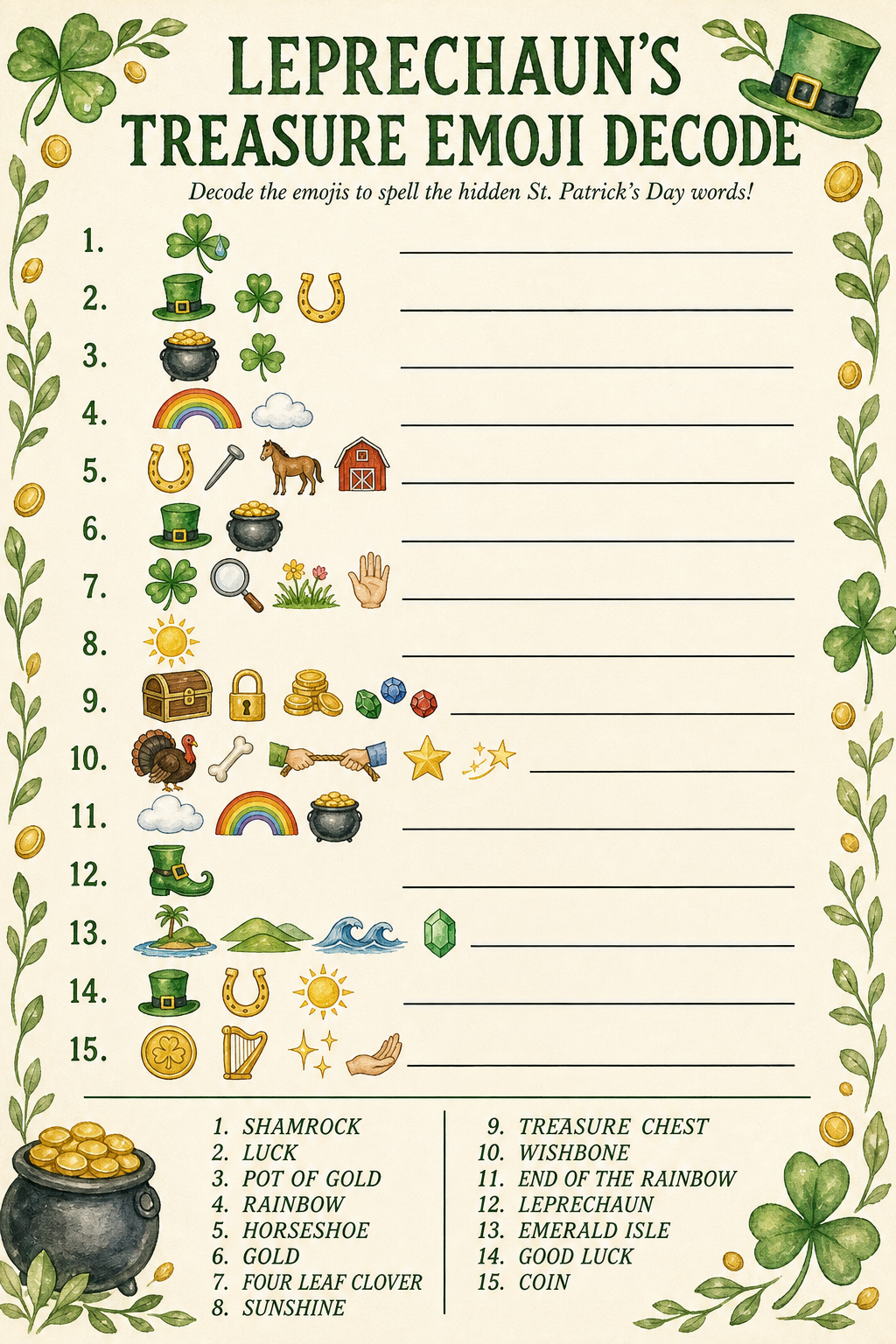 Leprechaun's Treasure Emoji Decode (printable) printable