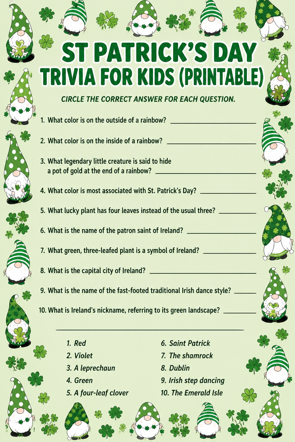 St Patrick's Day Trivia for Kids (printable) printable