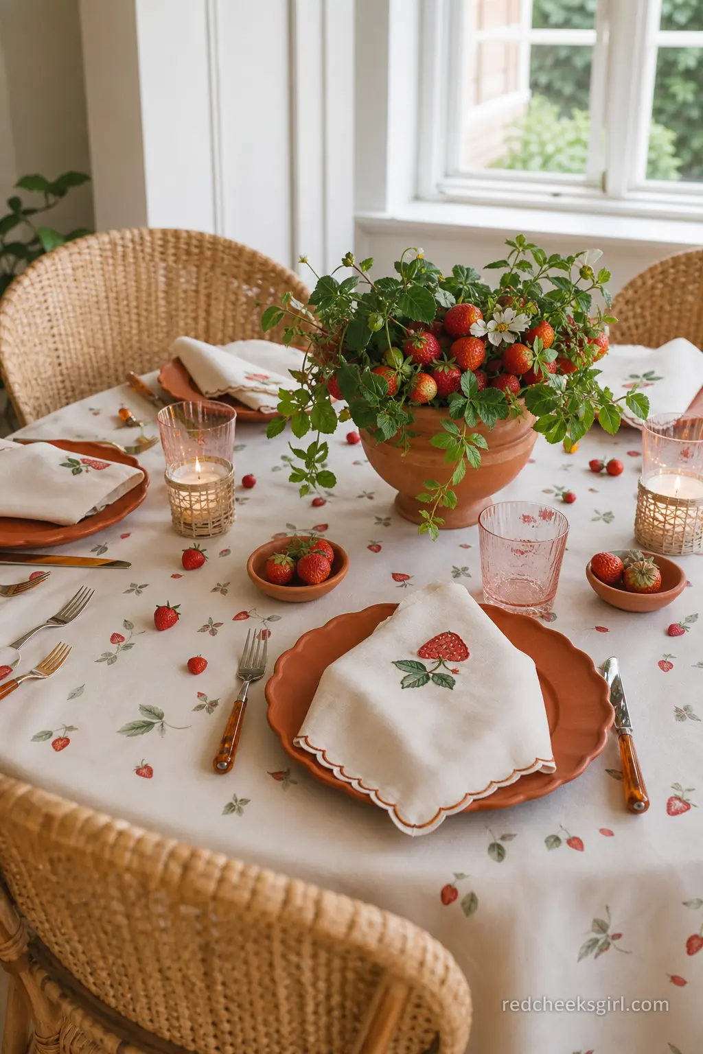 Brunch Table in Terracotta and Cream — Terracotta chargers under cream linen napkins bring a warmer, more grown up palette into a theme that can otherwise skew
