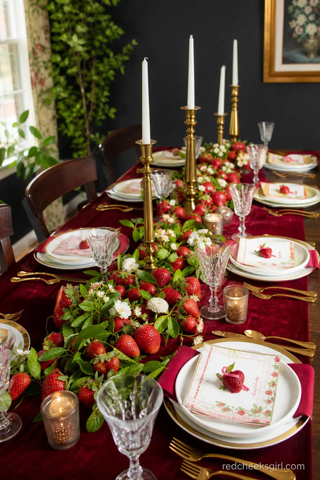 Formal Dining Table in Berry Red and Gold — A long dining table dressed in deep berry velvet with gold flatware takes the theme somewhere more evening