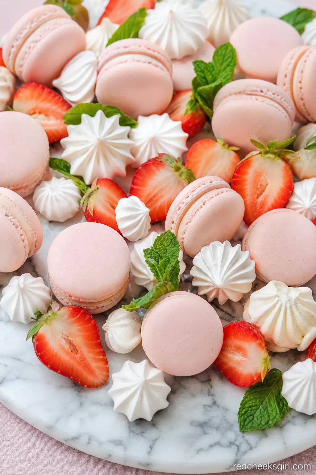 Macaron and Meringue Cloud Board — A grazing style board of blush macarons, white meringues and fresh strawberry halves fills space on the dessert table