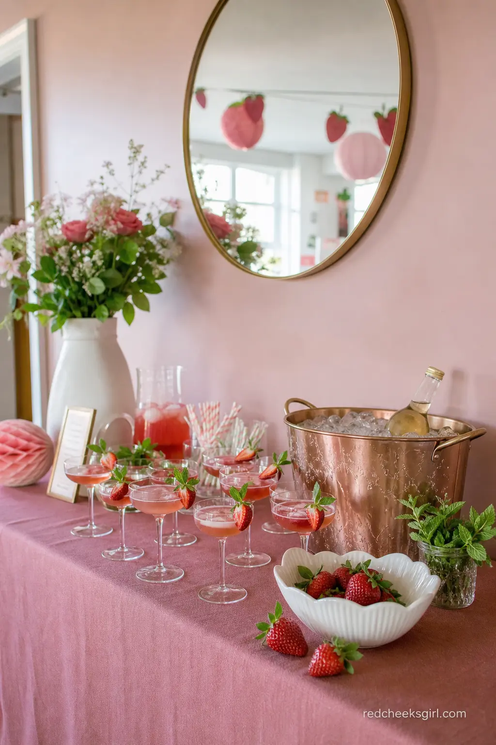 Mocktail Bar With Berry Garnish — A narrow console dressed as a small mocktail bar suits an evening shower better than a full dispenser setup. Strawberry baby