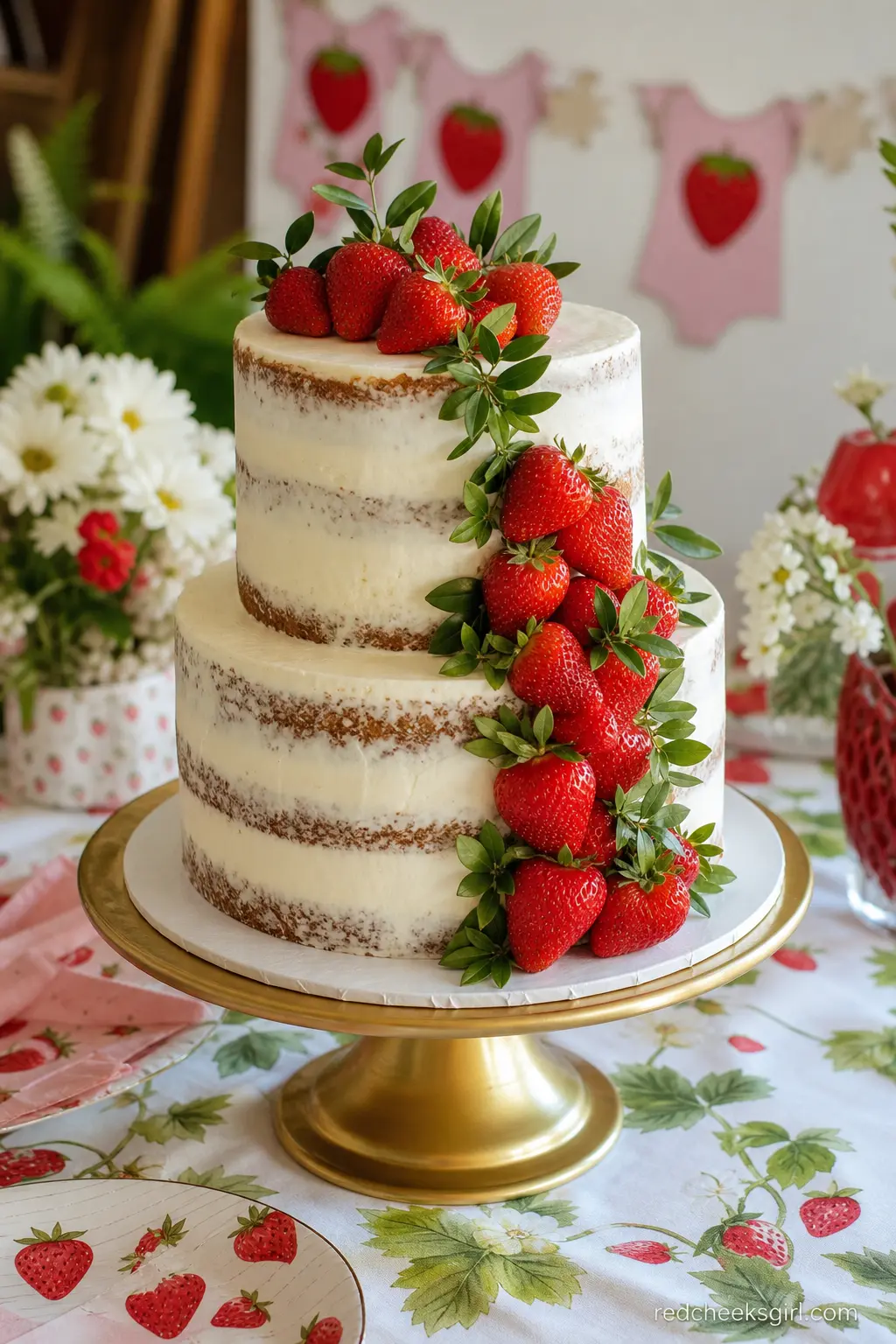 Naked Cake With Fresh Berries — A naked cake, the kind with cream showing through unevenly between layers, cascading with whole strawberries down one side