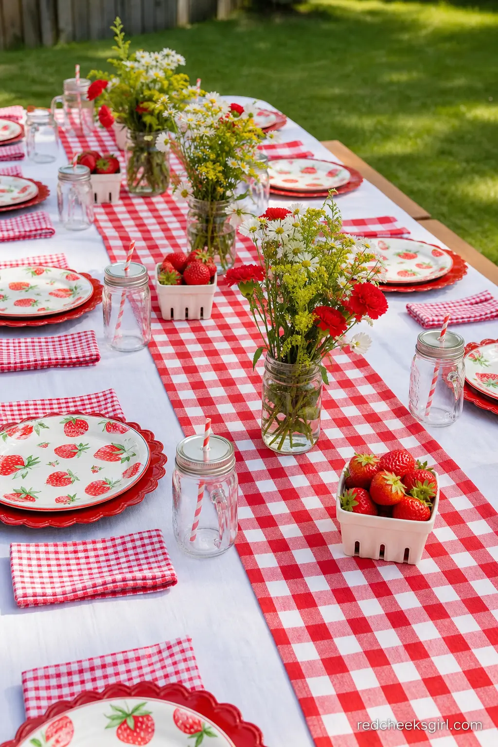 Picnic Style Table With Red Checked Runner — An outdoor table dressed with a red checked runner over plain white cloth suits a daytime shower with a garden or