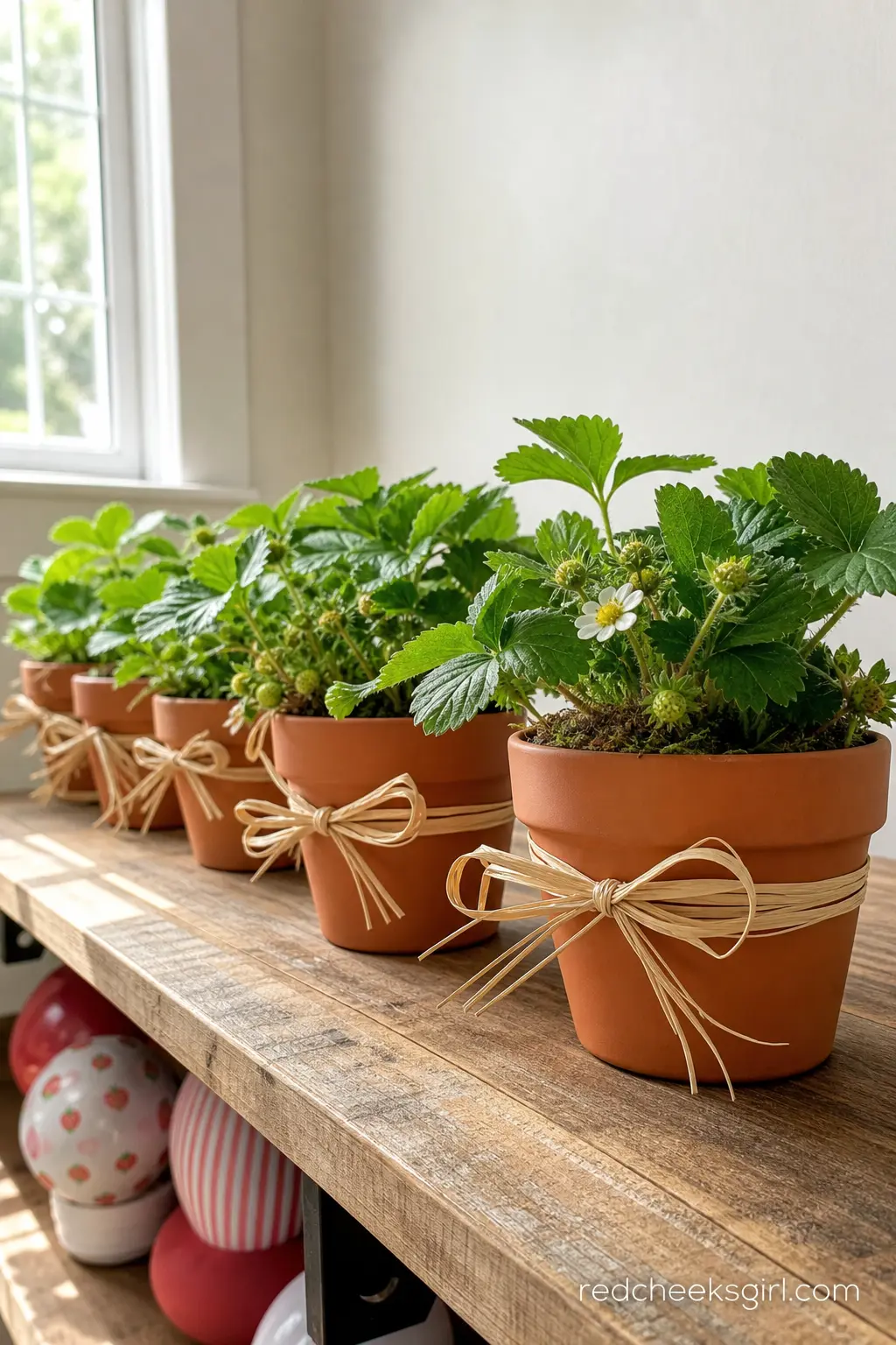 Potted Strawberry Plant Favor Table — A row of small terracotta pots holding actual strawberry plants gives guests something that keeps growing long after the