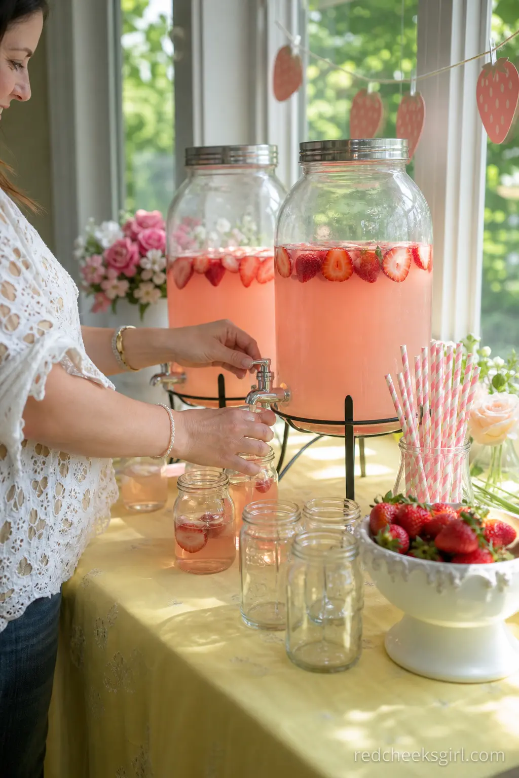 Strawberry Lemonade Drink Station — Two glass dispensers of pink lemonade with sliced strawberries floating inside do more for a drinks table than a full bar