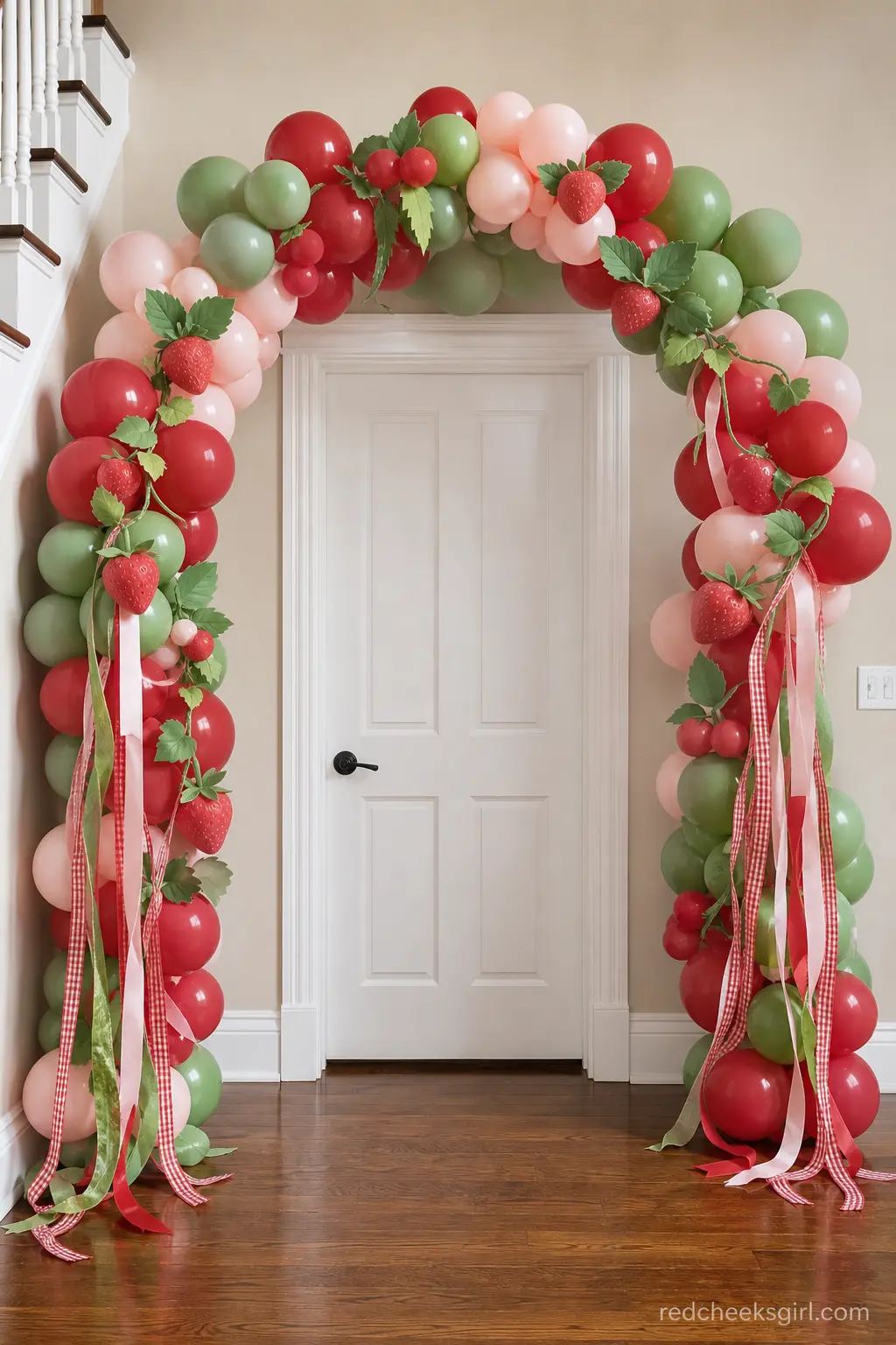 Strawberry Patch Balloon Arch — A balloon arch over the front door tells guests exactly what kind of afternoon they have walked into. Strawberry baby shower