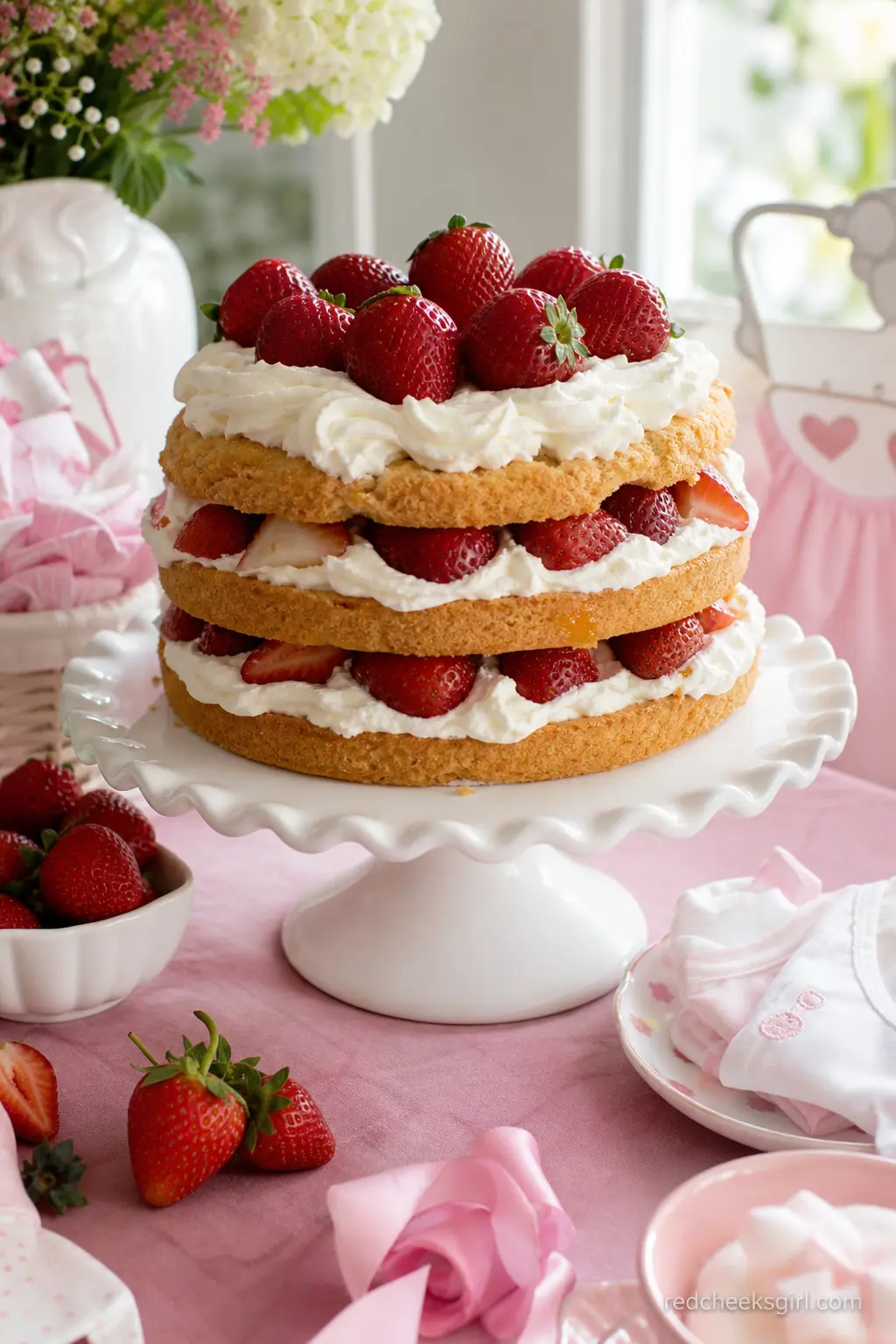 Strawberry Shortcake Tower — A stacked shortcake with whipped cream and whole berries between each layer does the job of a centrepiece and dessert at once.