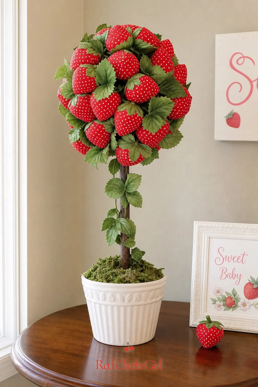 Strawberry Topiary Centerpiece — A tall topiary shape built from clustered fabric strawberries and leaves works as a standalone centrepiece for a side table or