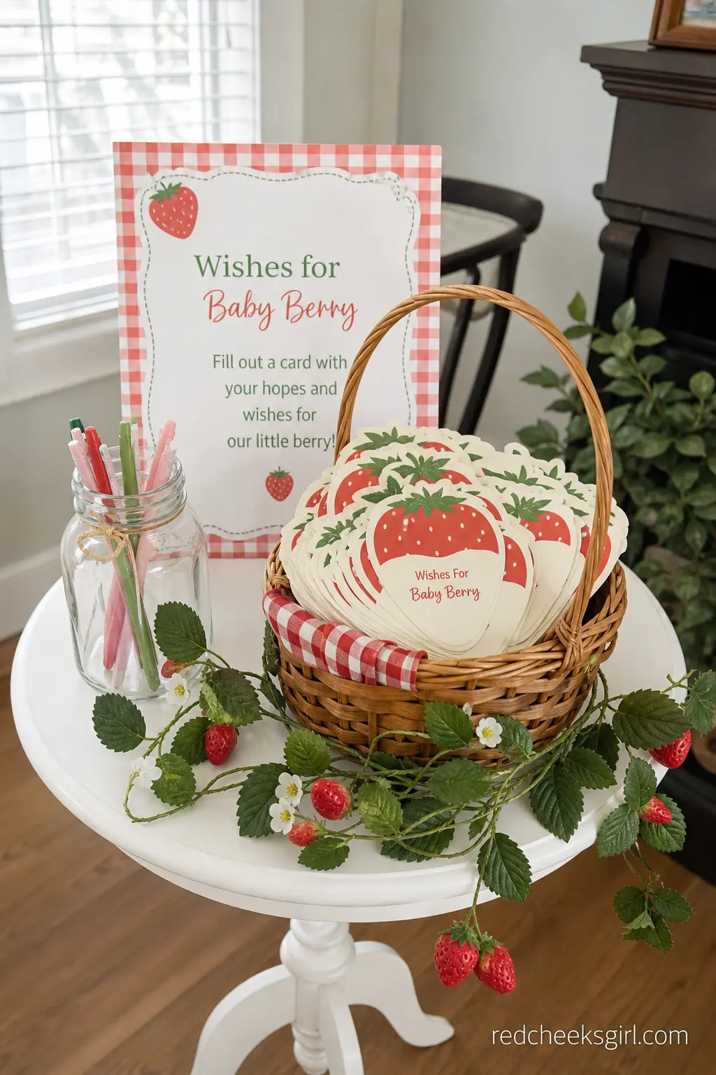 Wishes for Baby Berry Basket — A wicker basket filled with cream cardstock cut into berry shapes gives guests a simple guest book alternative that needs no