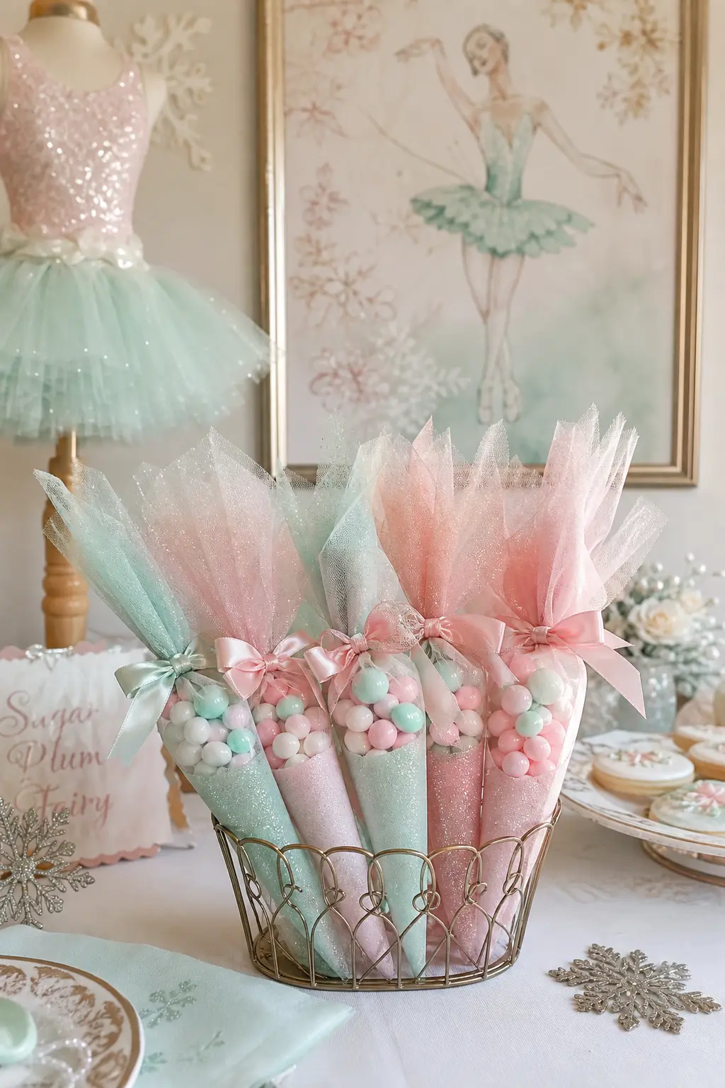 Ballerina Tutu Favor Cones — Small tulle cones in mint and blush stand upright in a wire holder, each filled with pastel candy and cinched at the neck with