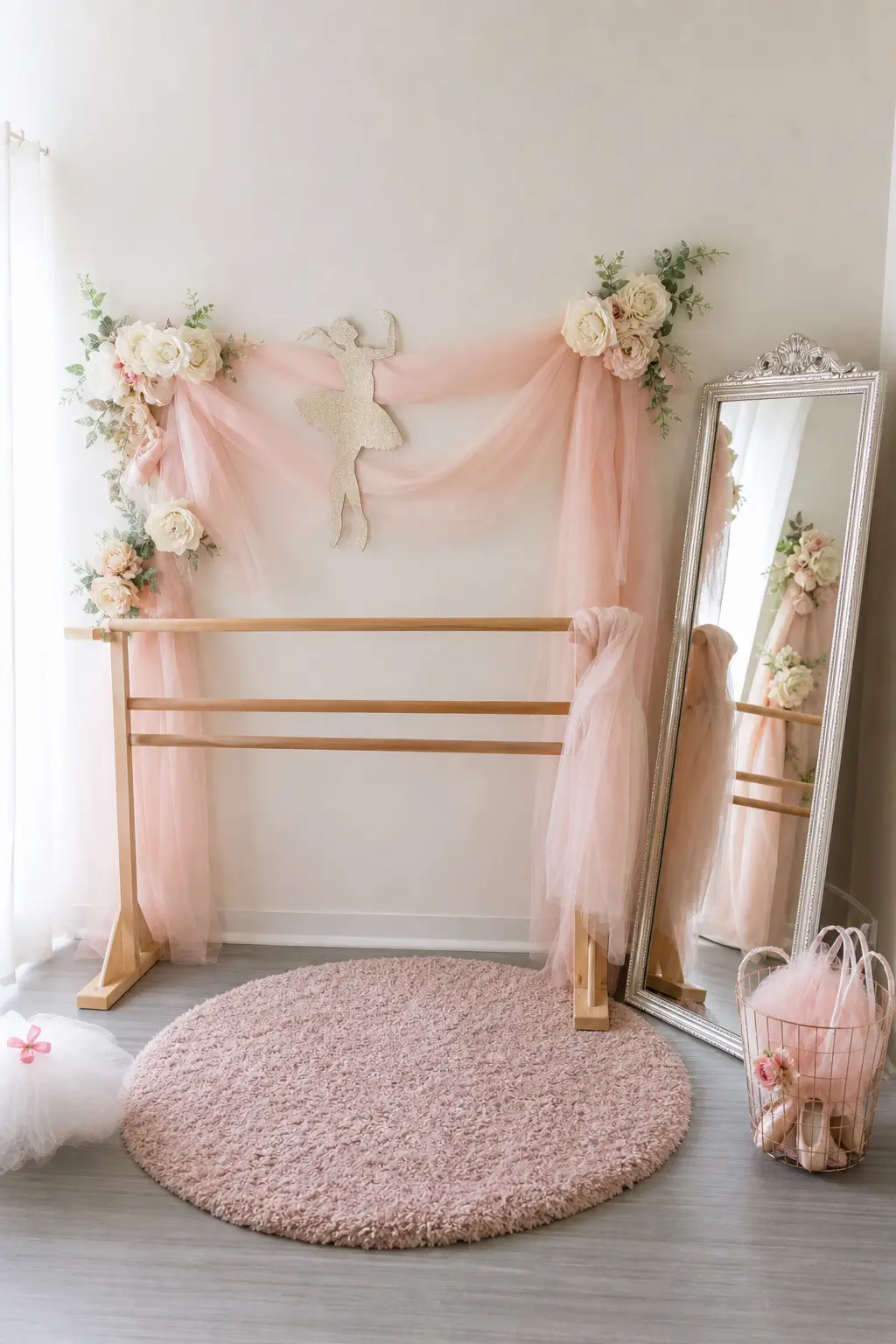 Ballet Barre Photo Corner — A real wooden ballet barre, mounted against a wall or freestanding, turns into a photo corner with blush tulle draped over the rail