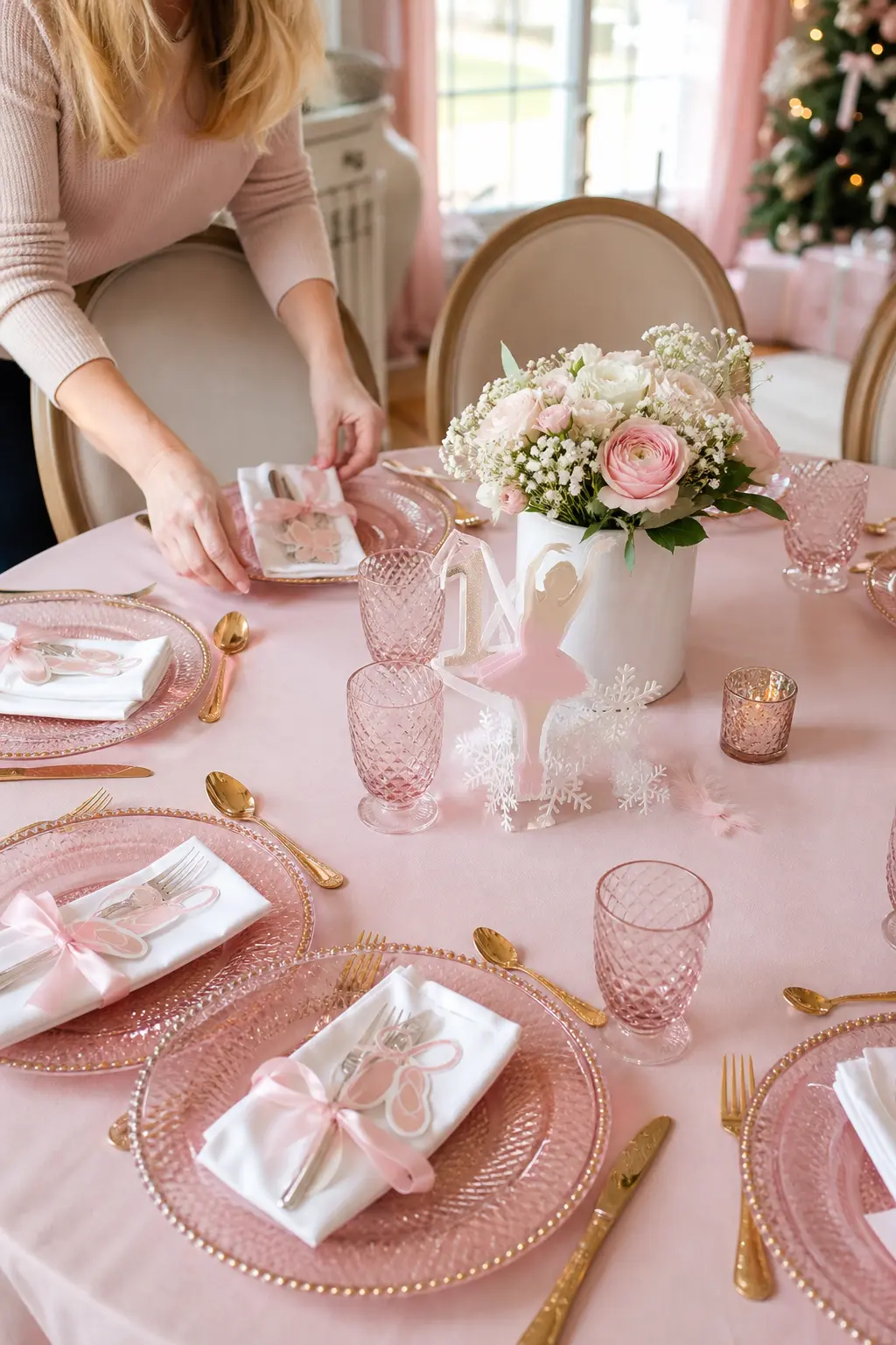 Ballet Slipper Place Settings — Pink glass chargers under white plates, gold flatware and napkins tied with pale pink ribbon in a loose bow give every seat a