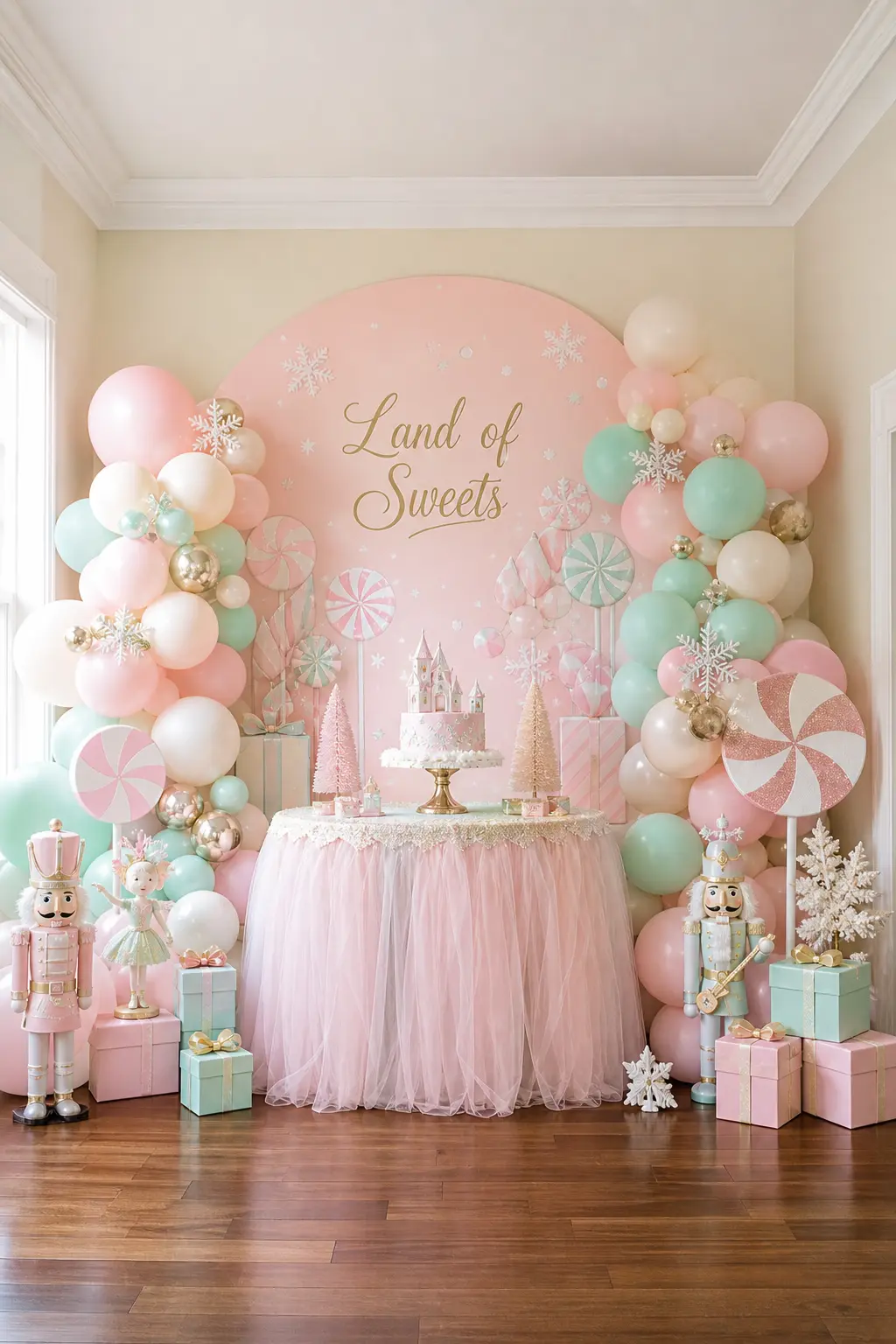 Land of Sweets Backdrop Wall — A pair of arched foam panels, painted like a pastel candy shop window, sits behind the cake table as the party's one big visual