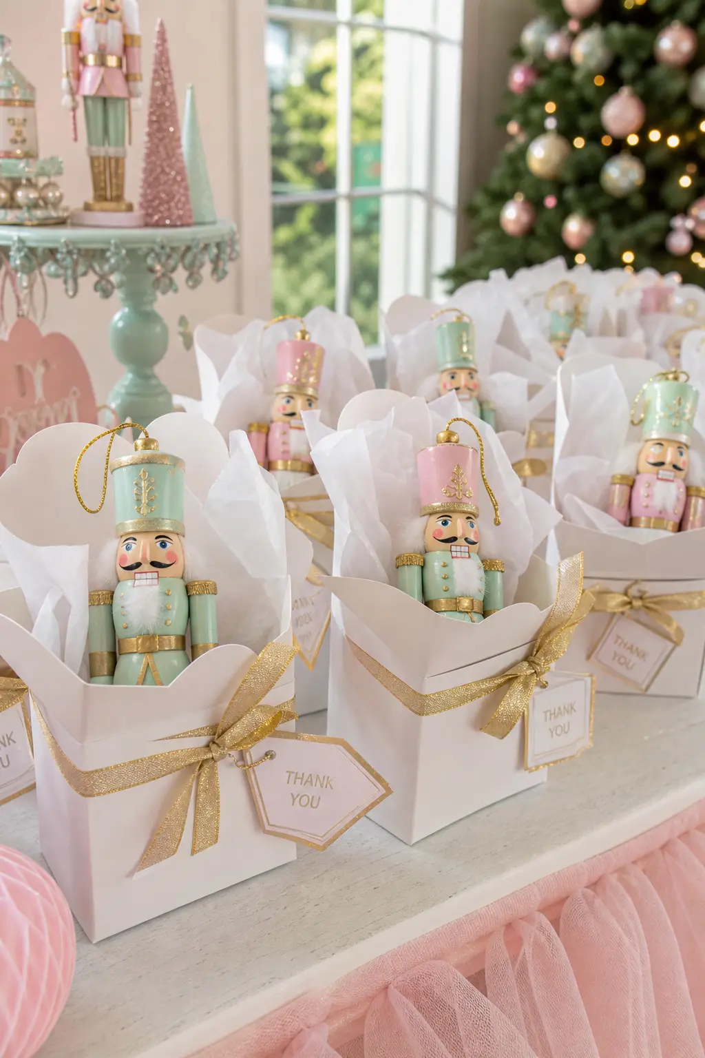 Nutcracker Ornament Favor Boxes — Small white favor boxes tied with gold ribbon line a table, each holding a miniature wooden nutcracker ornament tucked into