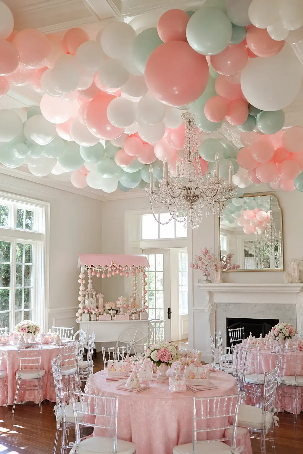 Pastel Balloon Cloud Ceiling — Loose clusters of white and blush balloons float near a chandelier or high ceiling fixture, drifting above the room rather than
