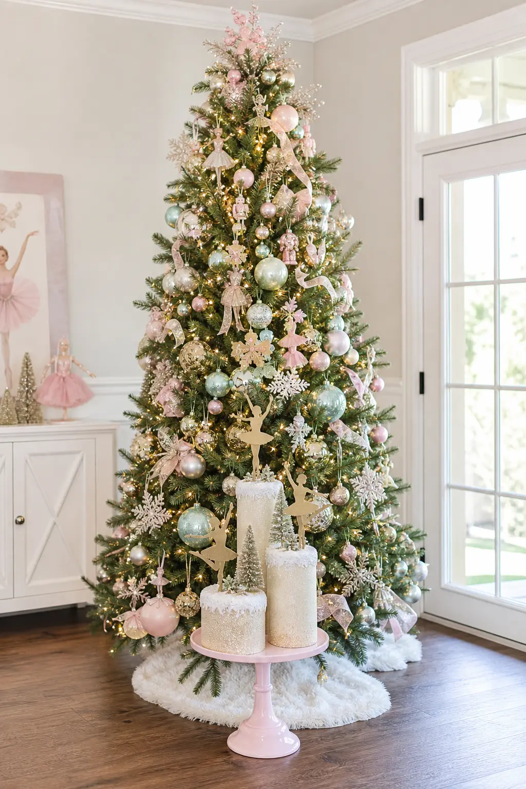 Snow Queen Cylinder Cluster — Three glitter-dipped cylinder risers, different heights, sit together on a blush cake stand as the centerpiece itself rather than