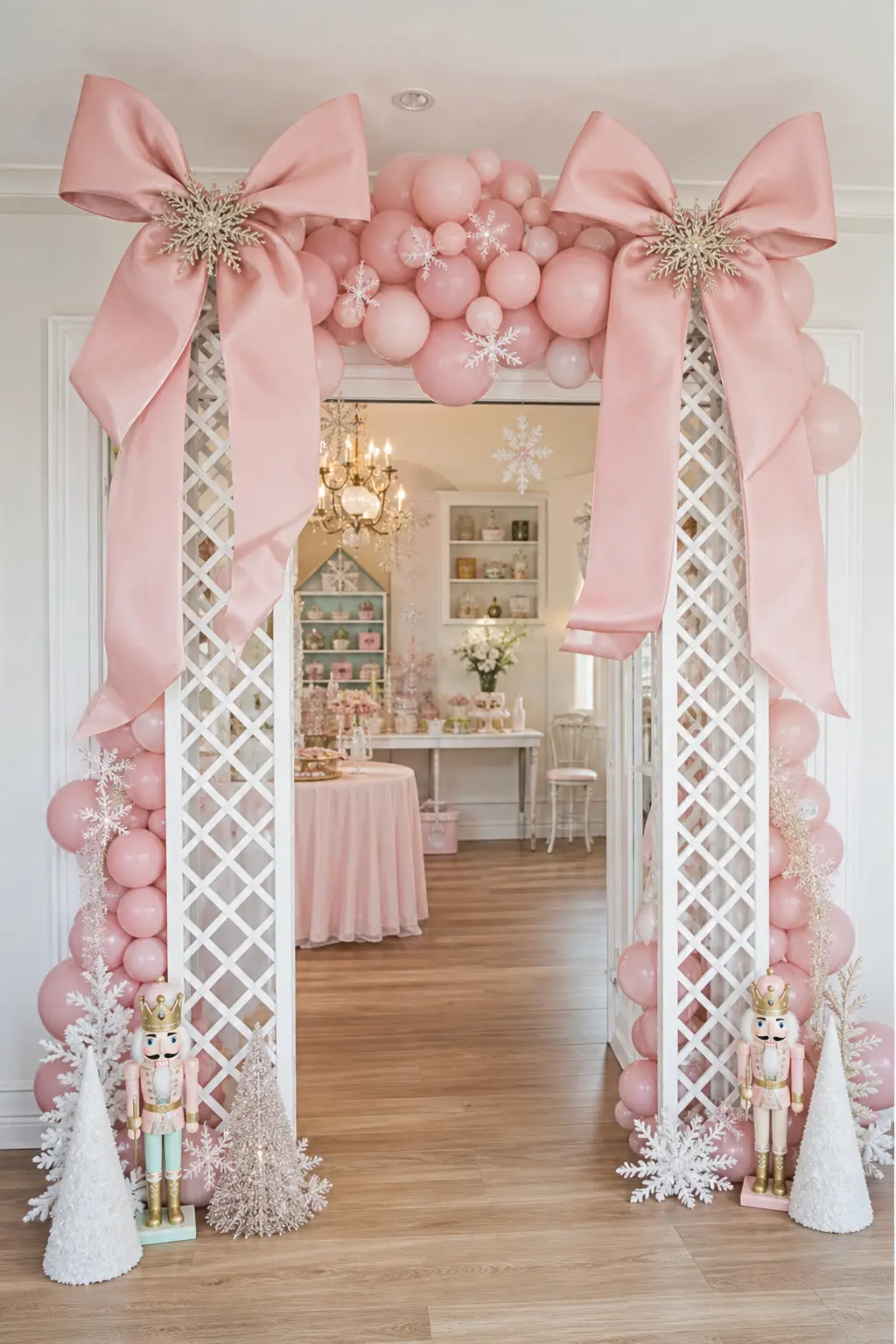 Snowflake Ribbon Arch Doorway — Two white lattice arches, joined by soft dusty rose balloon garlands and topped with oversized pink bows, turn an ordinary