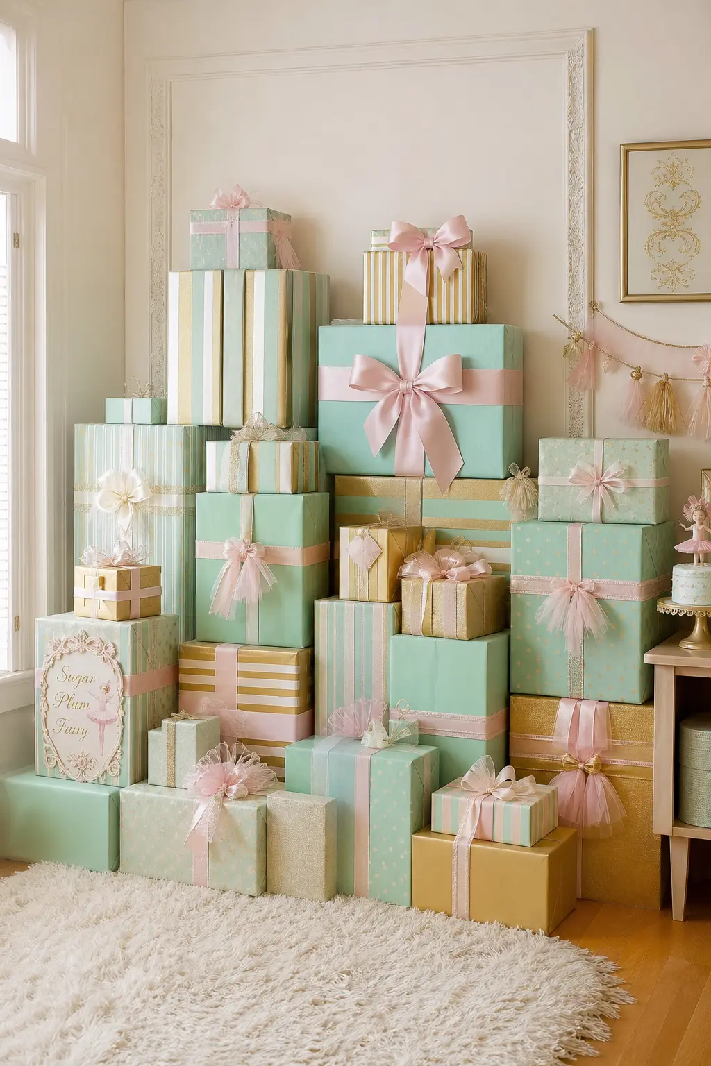 Stacked Gift Box Backdrop — Oversized wrapped boxes in mint and gold stripe paper, stacked in a loose pyramid against a plain wall, work as a low photo