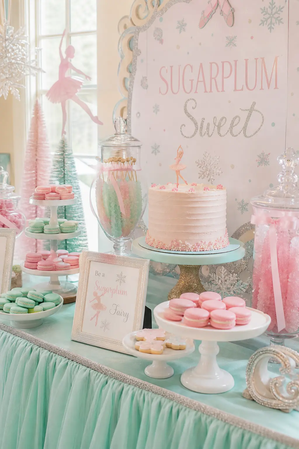 Sugarplum Candy Dessert Table — A dessert table skirted in seafoam fabric holds tiered white stands of pink and mint macarons, glass jars of pastel rock candy