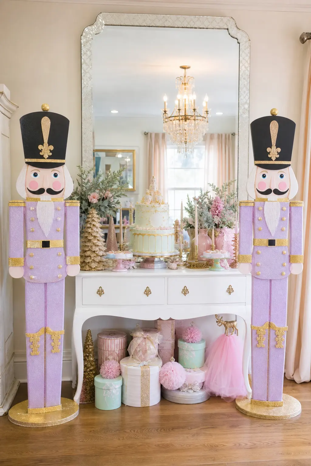 Toy Soldier Sentry Pair — Two nutcracker soldier cutouts, painted in lavender and gold rather than the usual red coats, stand guard on either side of the