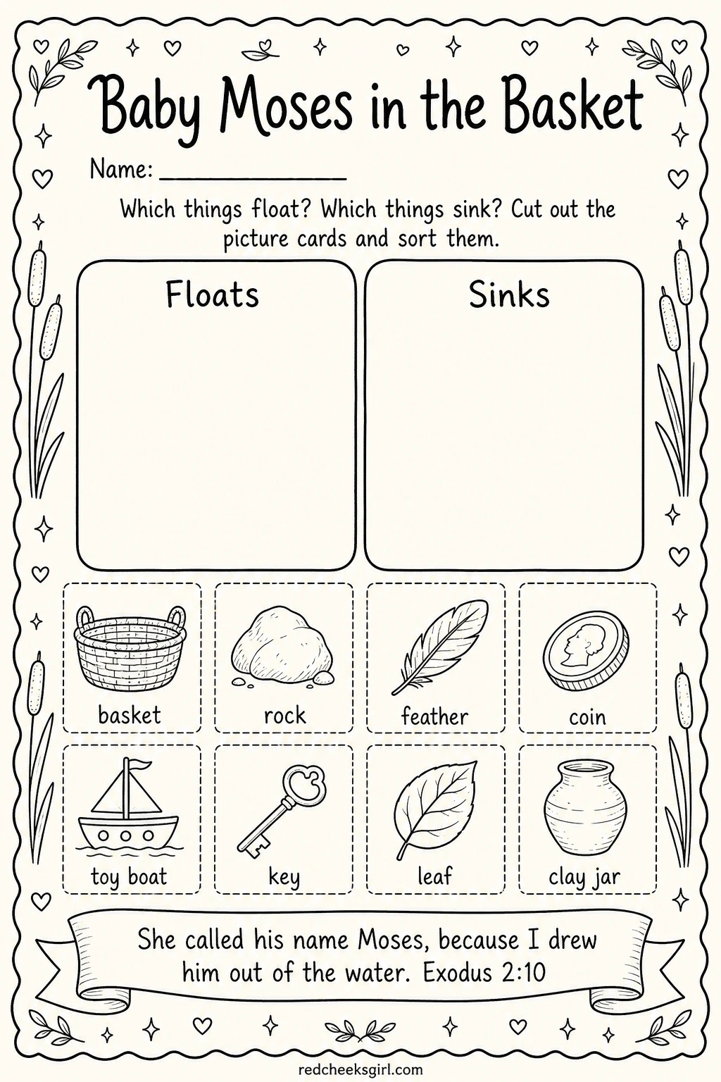 Sort What Floats for Baby Moses printable sheet — A gentle sorting task for children who are not yet writing much, since there is nothing to spell, only two