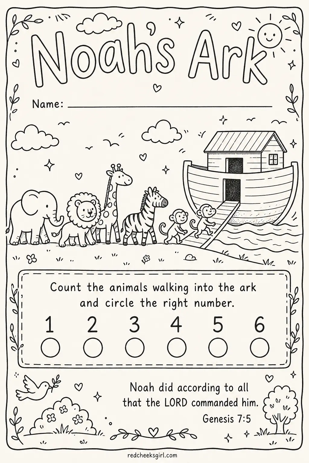 Count the Animals Boarding the Ark printable sheet — A reliable one for the middle of class when energy needs steadying: a counting task with a single clear