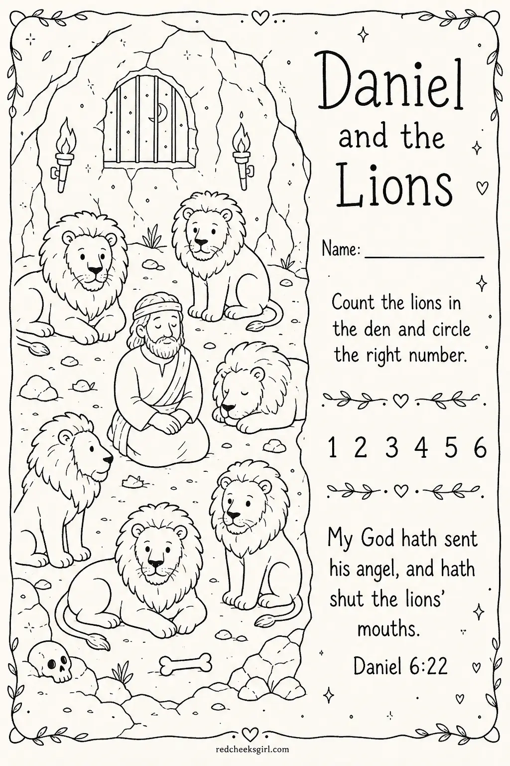 Count the Lions in Daniel's Den printable sheet — Suits younger children who are just learning their numbers, since the counting range stays small and the