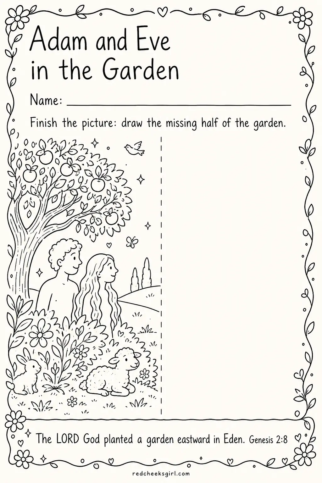 Finish the Garden of Eden printable sheet — Suits kids who like to draw and finish things themselves rather than colour inside someone else's lines. Sunday