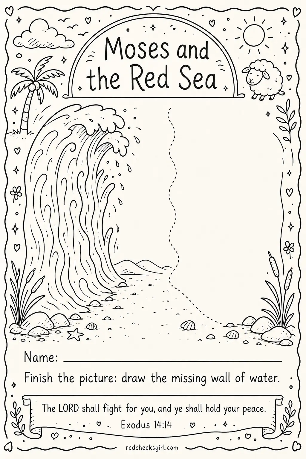 Finish the Parting of the Red Sea printable sheet — Good for older kids in a mixed class who want more to draw than a small patch of colour. Sunday school
