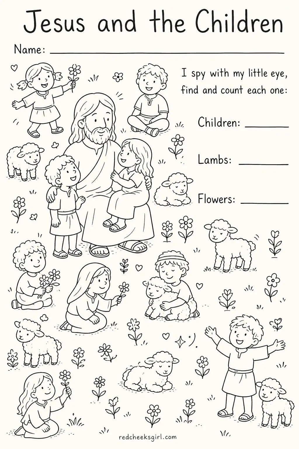 I Spy the Children Around Jesus printable sheet — A warm one to end a unit on, especially for the youngest children in the room who like seeing kids their own