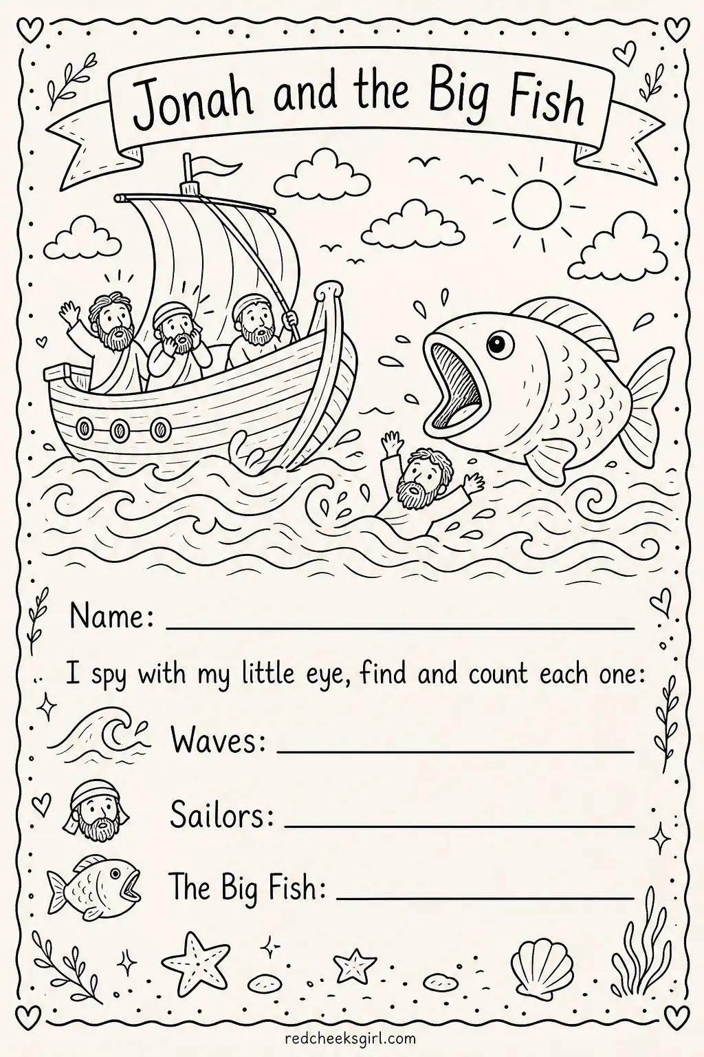 I Spy Inside Jonah's Big Fish printable sheet — A good sheet for a slightly older mixed class, since writing a number next to each item takes a bit more