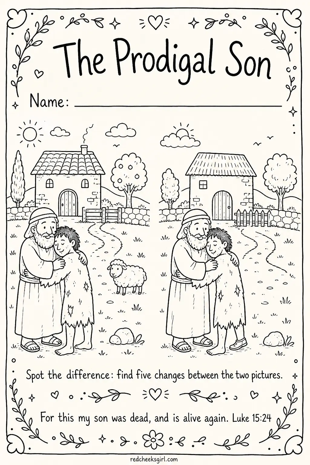 Spot the Difference in the Prodigal's Homecoming printable sheet — Best kept for an older mixed-age table, since the story itself is longer and the differences