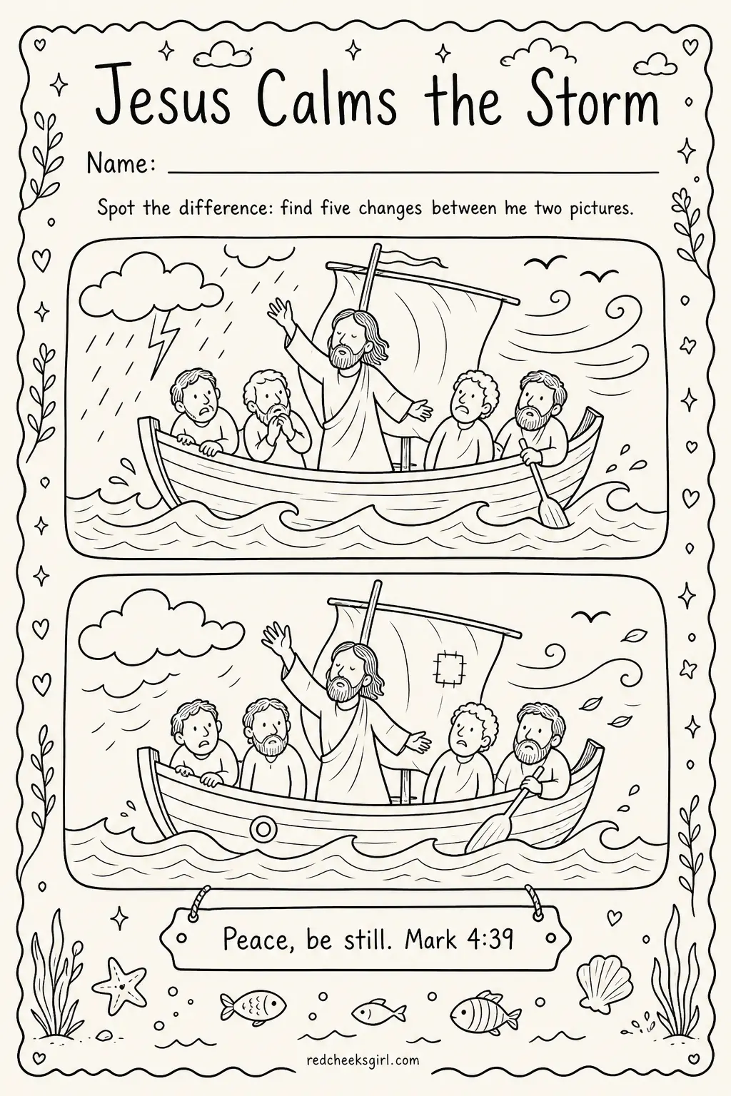Spot the Difference on the Storm-Tossed Boat printable sheet — Good for the end of a lesson about fear and trust, since the concentration it takes doubles as a
