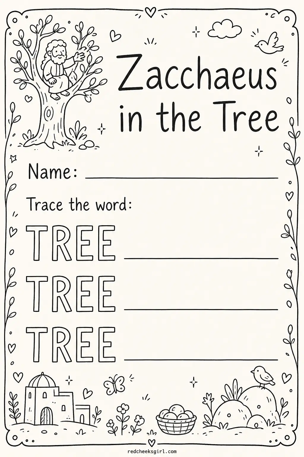 Trace Zacchaeus's Tree printable sheet — Suits a child who needs a calmer task partway through class, and pairs well with a short discussion about wanting to
