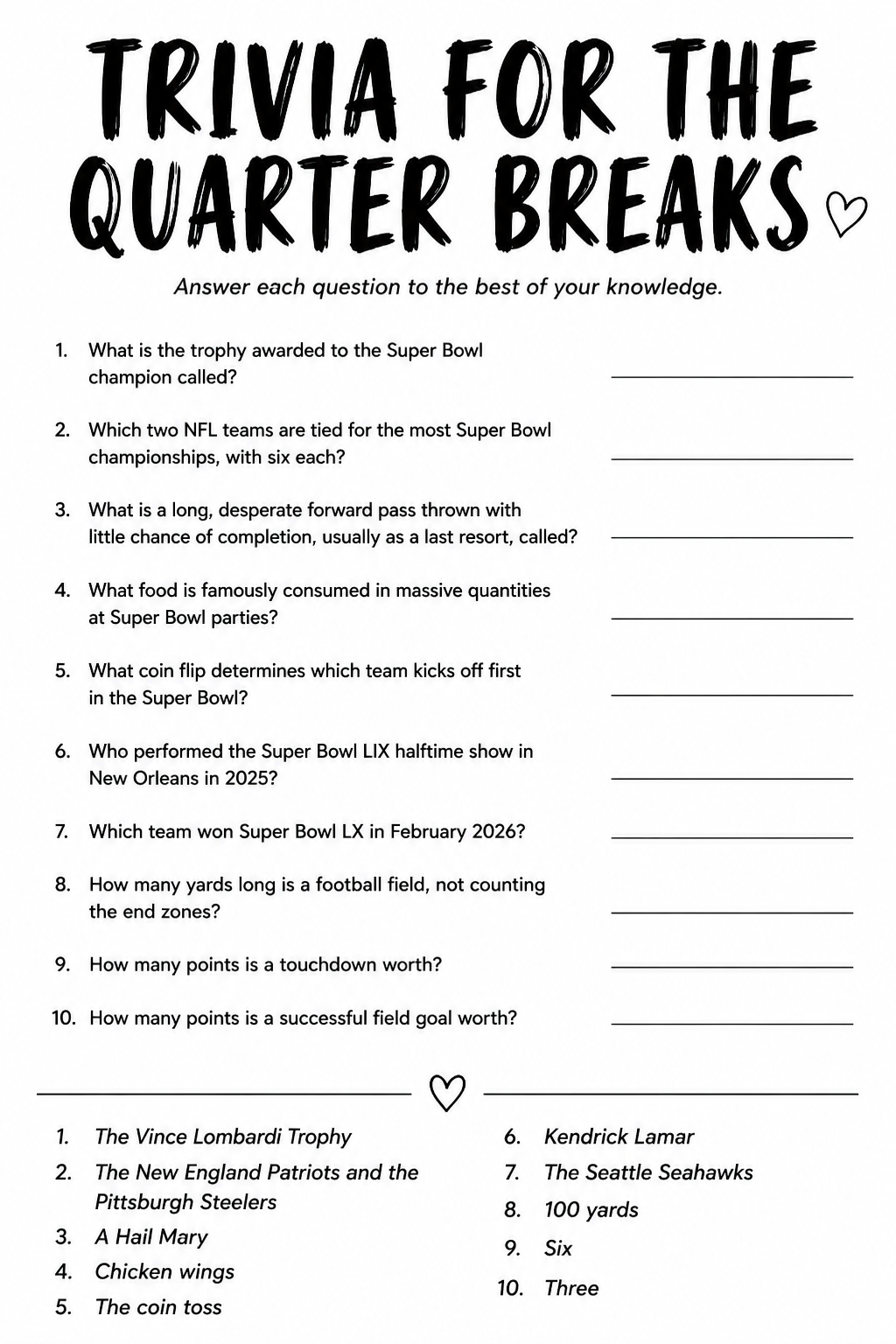 Trivia for the Quarter Breaks printable