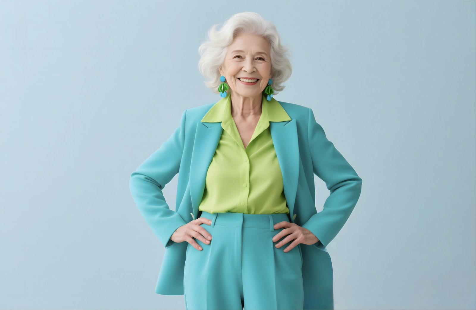 A stylish, smiling older woman poses