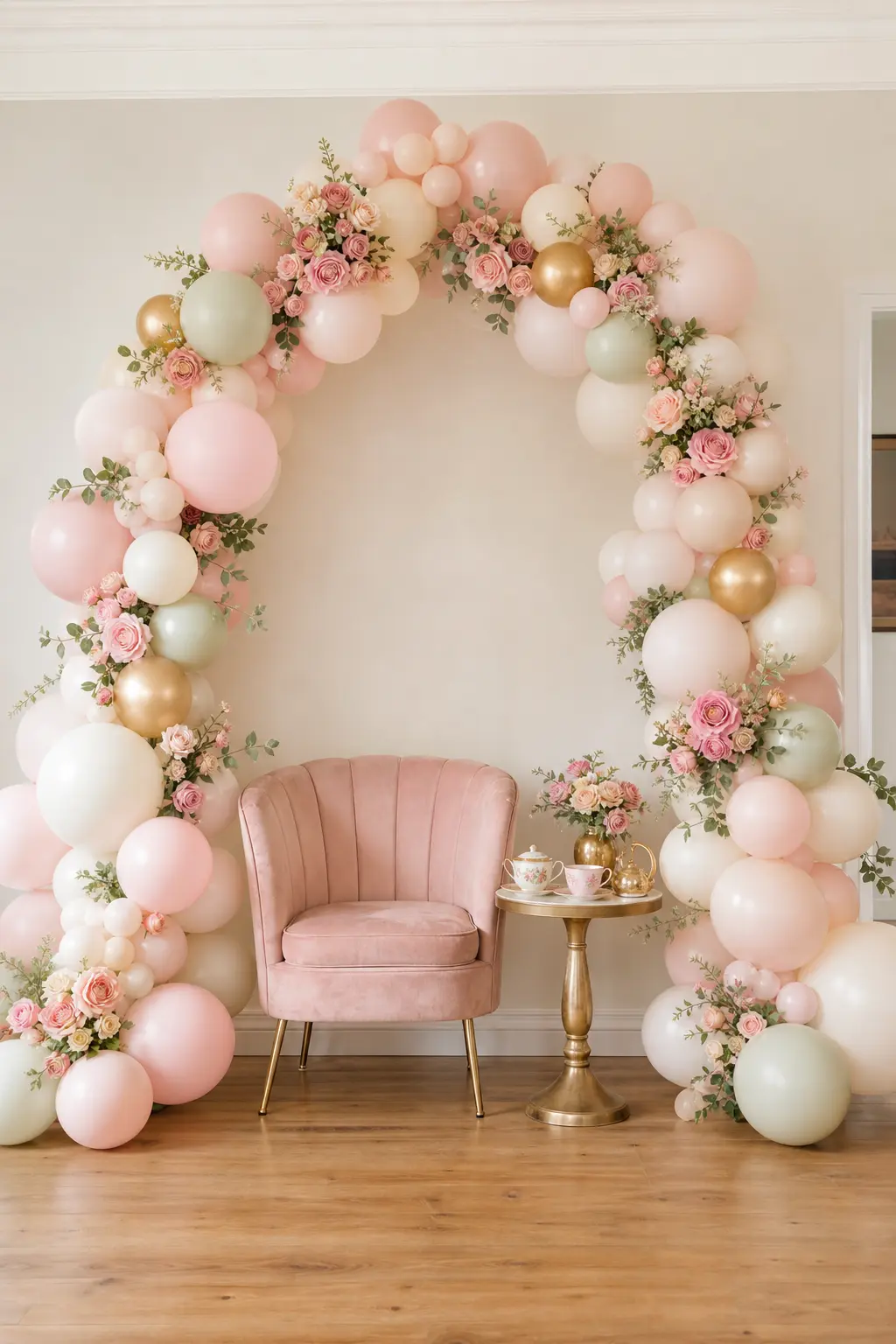 A Balloon Arch Framing a Velvet Armchair — A single armchair pulled away from the wall and framed with a pastel balloon arch instantly becomes the spot every