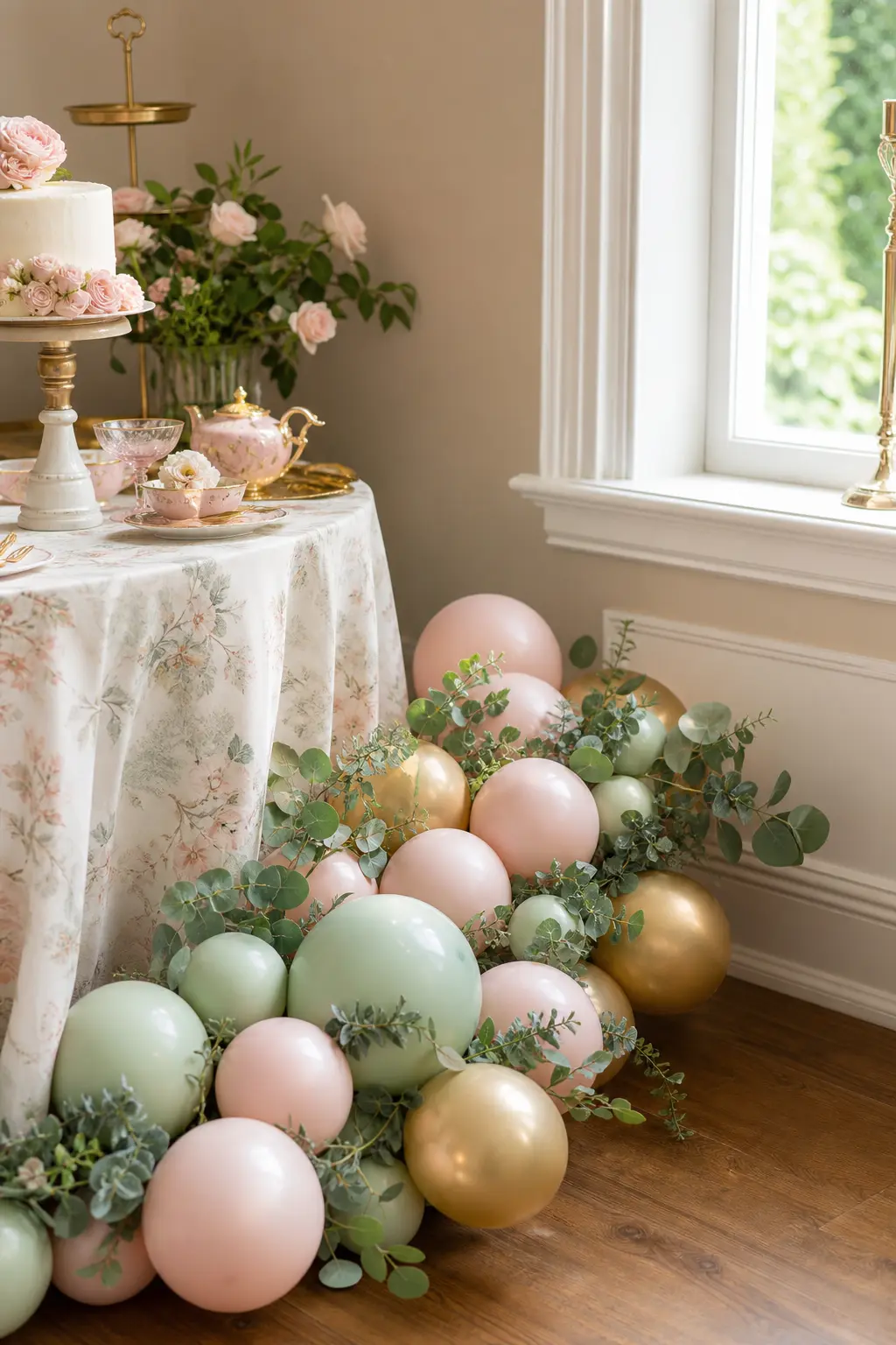 A Balloon and Foliage Cluster on the Floor — Instead of an arch, a low cluster of blush and sage balloons mixed with eucalyptus stems sitting directly on the
