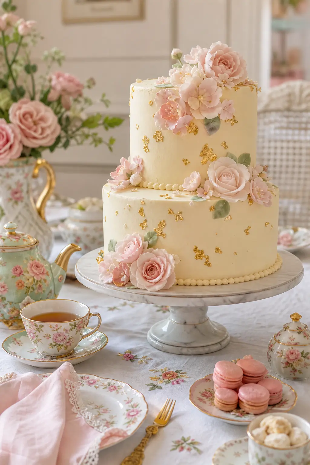 A Birthday Cake Finished With Sugar Flowers and Gold Leaf — A two tier ivory buttercream cake covered in pale pink sugar flowers and a few flecks of edible