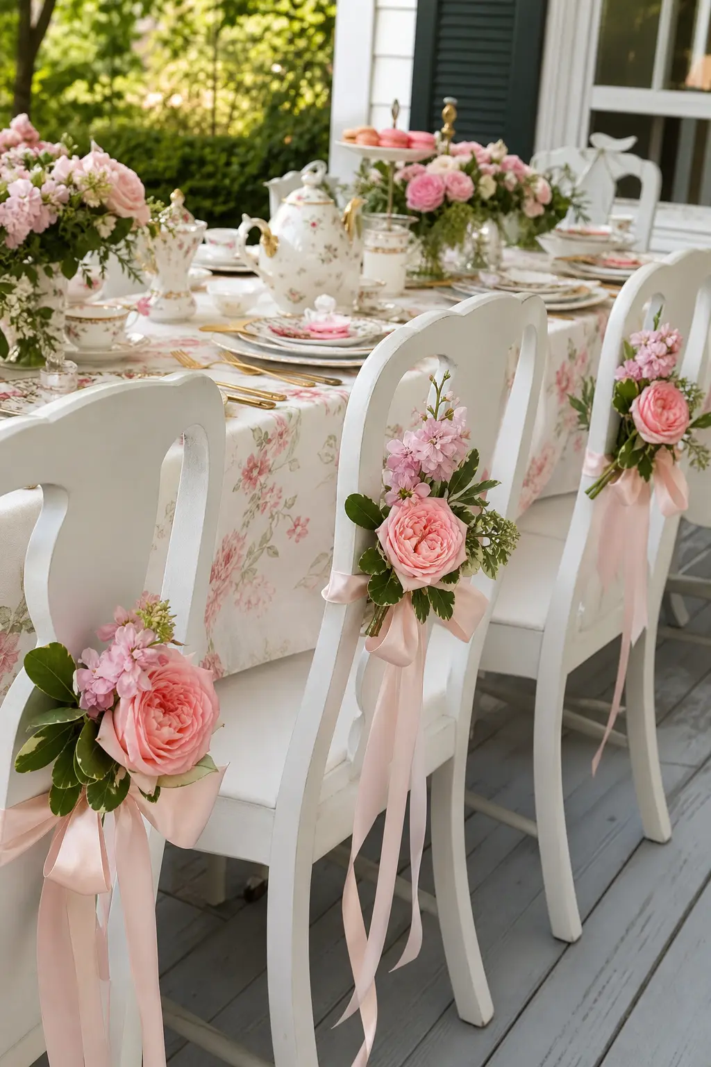 Chair Backs Dressed in Ribbon and Fresh Flowers — A small swag of ribbon and a few fresh flowers tied to the center of each chair back turns plain seating into