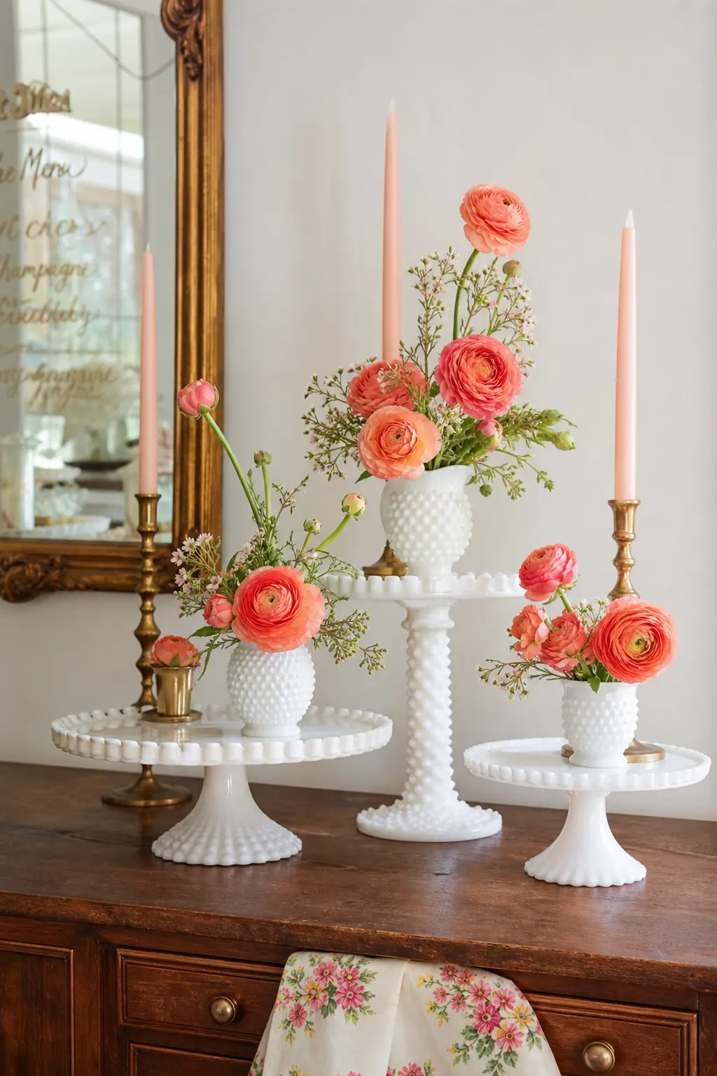 A Cluster of Milk Glass Stands With Ranunculus and Candles — Group three cake stands of different heights on a sideboard rather than the main table, and it