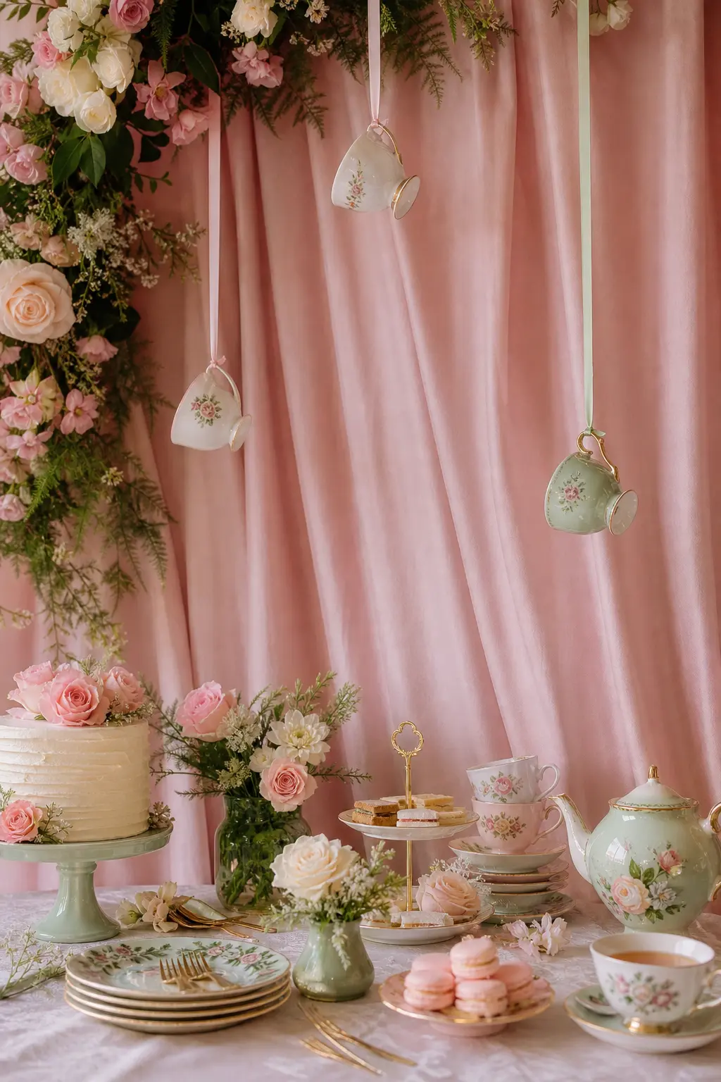 A Floral Drape With a Hanging Teacup Mobile — Cover the wall behind the dessert table in a length of soft pink fabric, then suspend a few teacups from ribbon