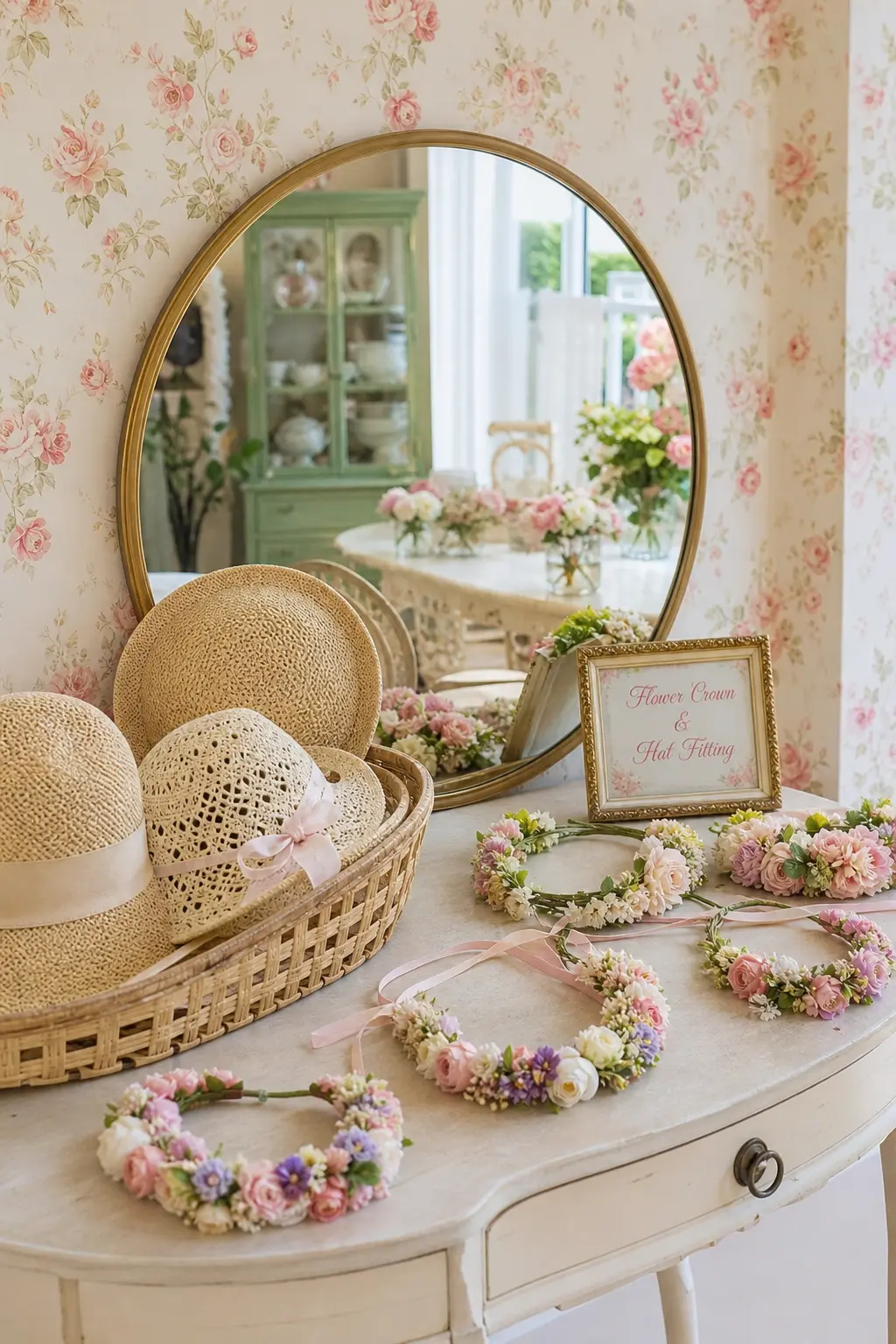 A Flower Crown and Hat Fitting Corner — Set a low table with a woven basket of flower crowns and a few straw sunhats beside a round mirror, and guests will