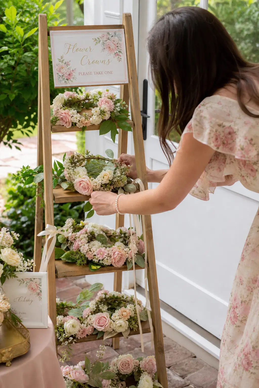 A Flower Crown Stand for Guests to Choose From — A wooden ladder or hat stand near the door, hung with a handful of flower crowns in blush and ivory tones