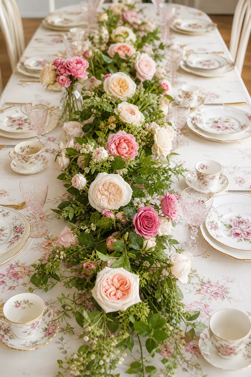 A Fresh Flower Runner Down the Table — A loose runner of garden roses and greenery laid straight down the center of the cloth, between the place settings