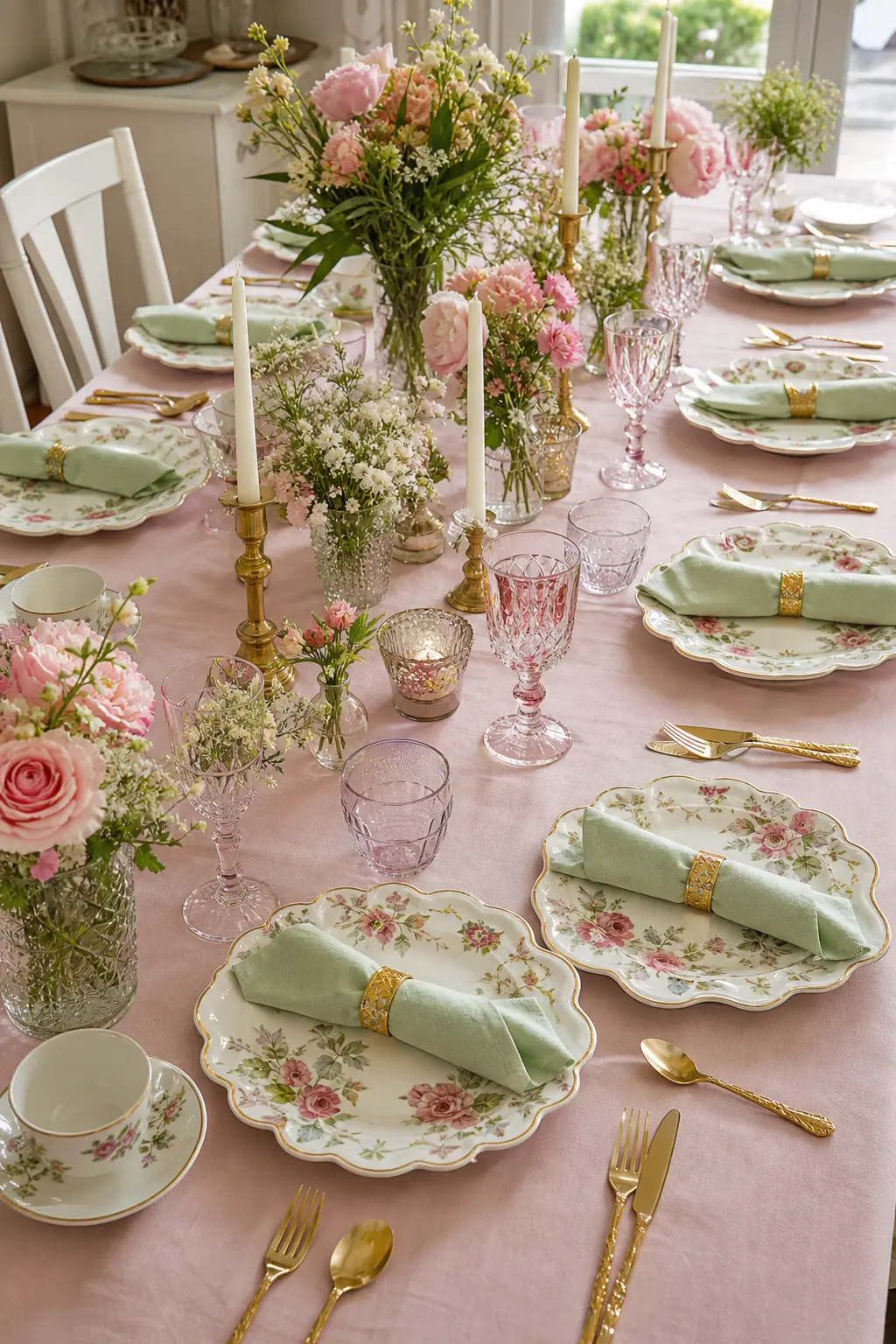 A Full Table Set in Scalloped Plates and Gold Flatware — Scalloped edge paper plates in a floral print look far closer to real china than a plain round plate