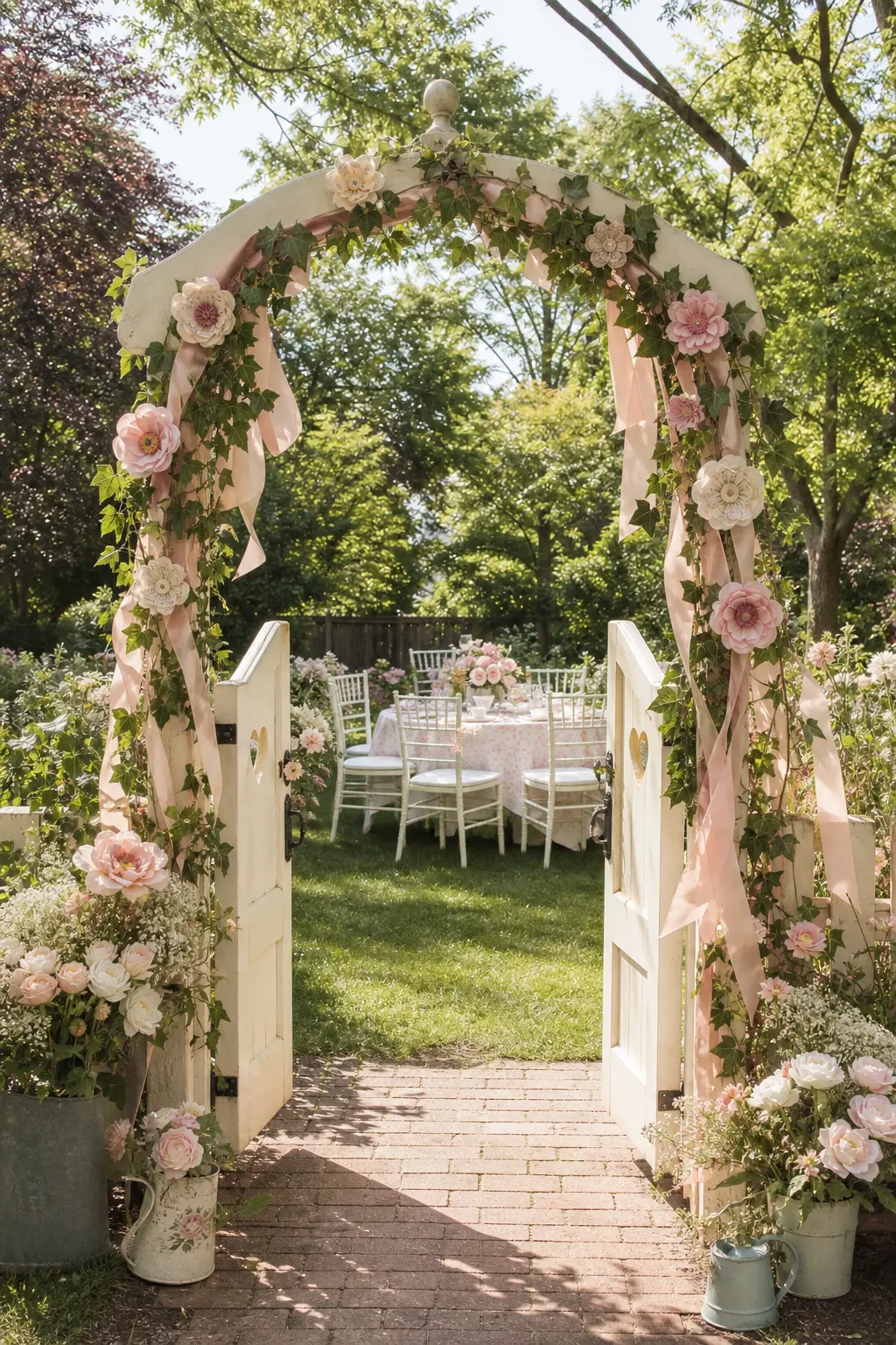 A Garden Doorway Wrapped in Ribbon and Flowers — An open garden gate wrapped in ivy and trailing ribbon gives arriving guests a clear moment to pause for a