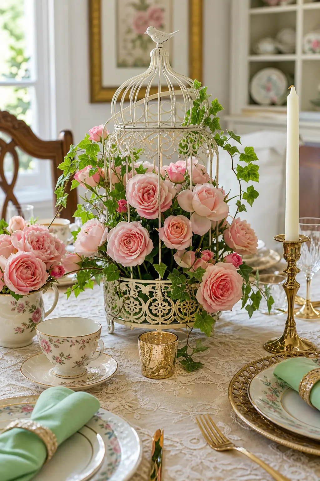 A Gilded Birdcage Filled With Blush Roses — A wire birdcage does what a vase cannot: it gives height and shape without a single hard edge for small hands to